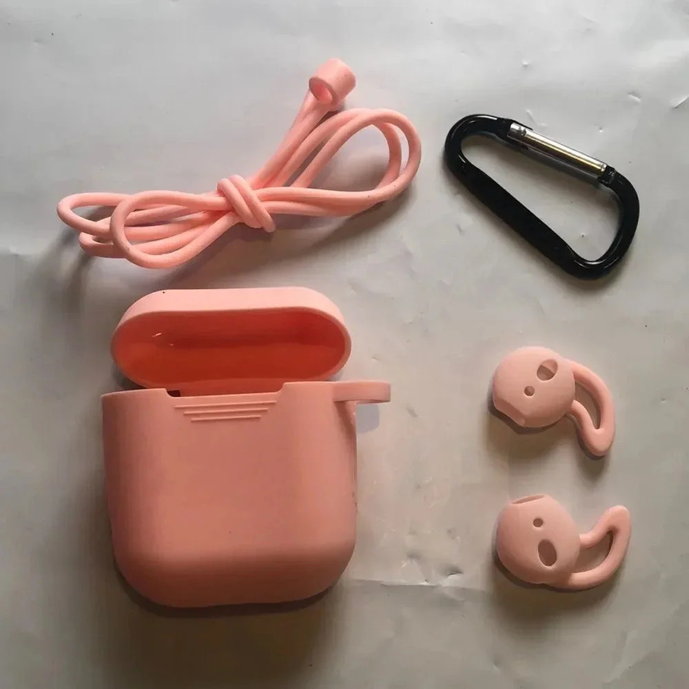 AirPods 1/2 Case Cover Pink Full Protective Kit Lanyard‎ Carabiner Ear Hooks